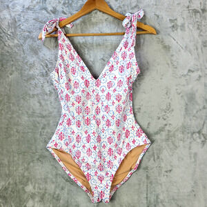 J Crew Printed Tie Shoulder Swimsuit Adjustable Pink Blue One Piece Size M